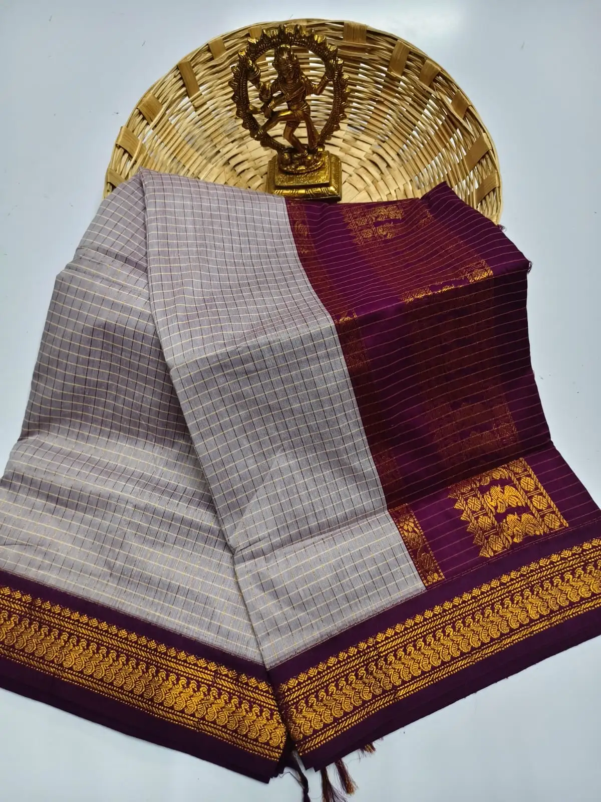 Lilac Plum Checked Zari Cotton Saree